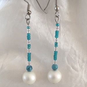 Hand Crafted Beaded Turquoise Drop Pearl Earrings